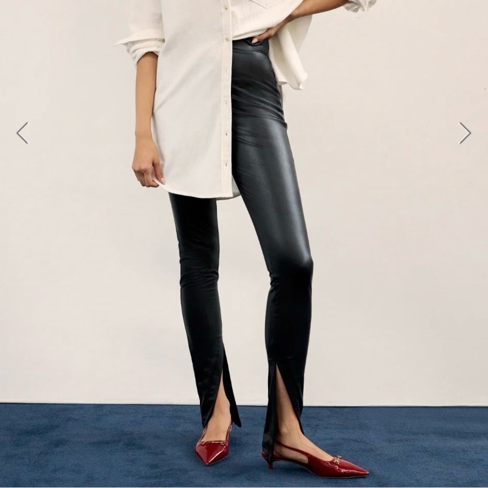 New Avec Les Filles High Waisted Faux Leather Slit Pants Black